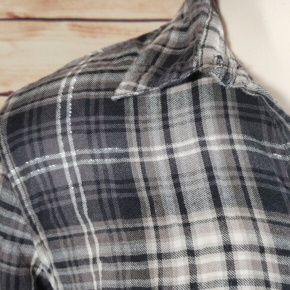 Grey GAP Plaid Flannel Roll Tab 3/4 Sleeve Blouse with Silver Accent Thread - Picture 2 of 11